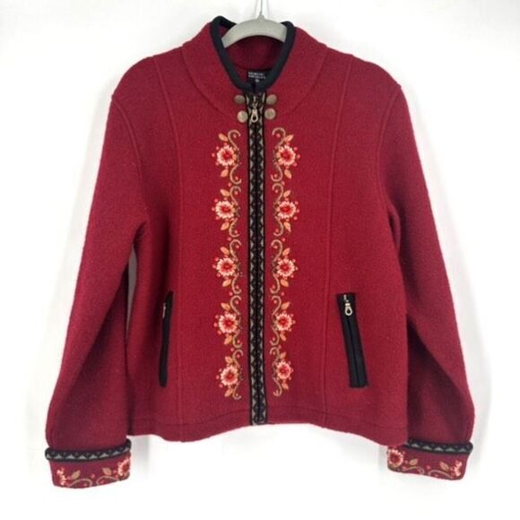 Nordic Design Wool Red Zip Front Cardigan Floral Embroidery Large Military Butto - Picture 1 of 9